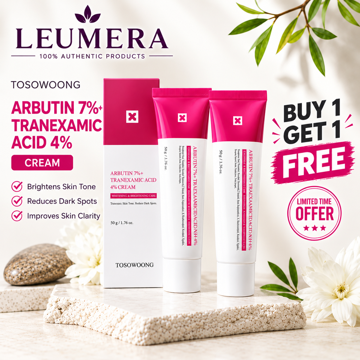 TOSOWOONG Arbutin 7% + Tranexamic Acid 4% Cream | Buy 1 Get 1 FREE