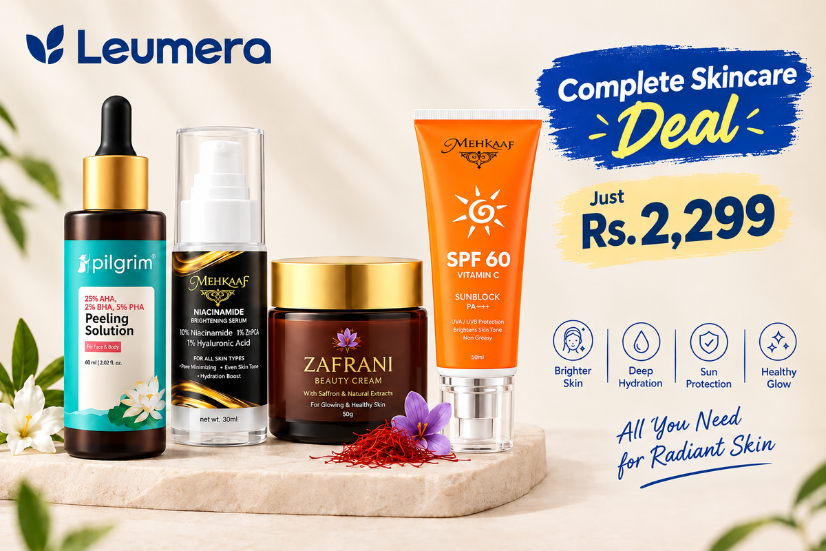 Complete Glow Routine Box – Serum + Sunblock + Zafrani Glow Cream + Pilgrim Peeling Solution